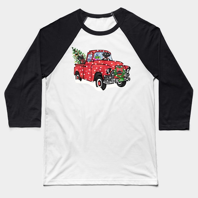 Black Labs Christmas Red Truck Baseball T-Shirt by emrdesigns